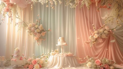 A table with a cake and flowers on it. The table is surrounded by pink, white, and blue curtains