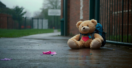 Sad Teddy bear sitting on School gate with a backpack in the rain. School memories concept