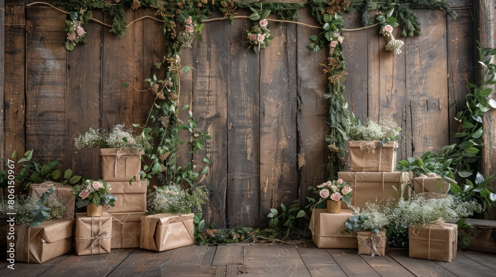 Poster a wooden wall with a floral arrangement and a stack of boxes. scene is warm and inviting, with the f