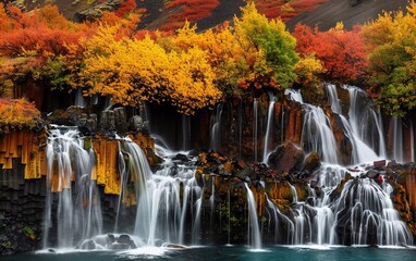 Magical and unique Hraunfossar waterfall in autumn. Also called 'Lava Falls' which is a series of waterfalls. very impressive waterfall