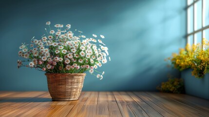 Blue background, small fresh style, flower basket decoration. Generative AI. - Powered by Adobe