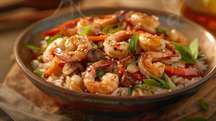 A seafood stir-fry sizzle with plump shrimp, tender squid, and crispy vegetables, tossed in a savory sauce and served over steaming rice, a stir-fry sensation.