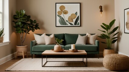 Fototapeta premium A living room with a green couch, a coffee table, and a potted plant. The room has a modern and minimalist design, with a focus on natural elements like plants and wood. small home interior design