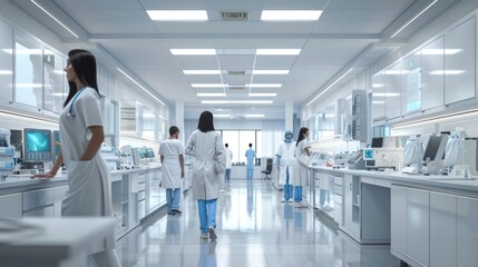 A group of medical professionals are walking through a large, sterile room with white walls and cabinets. Scene is serious and focused