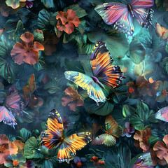Whimsical Fantasy Flight of Colorful Butterflies, Seamless Pattern