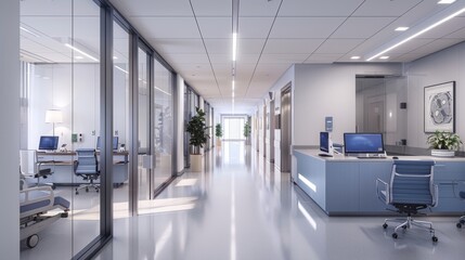 A large open office space with a long hallway and a reception area. The reception area has a desk with a laptop and a computer monitor. There are several chairs and a potted plant in the room