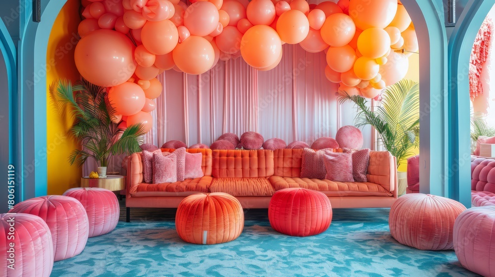 Poster a room with a pink and orange theme, featuring a couch and several poufs