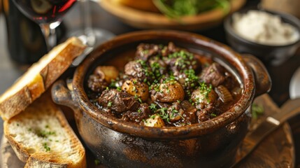 A bowl of stew with meat and potatoes sits on a wooden table. A bottle of wine is to the left of the stew. A knife and a spoon are on the table