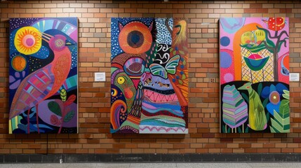 Three colorful paintings of birds and other animals are hanging on a brick wall. The paintings are arranged in a row, with the middle one being the tallest