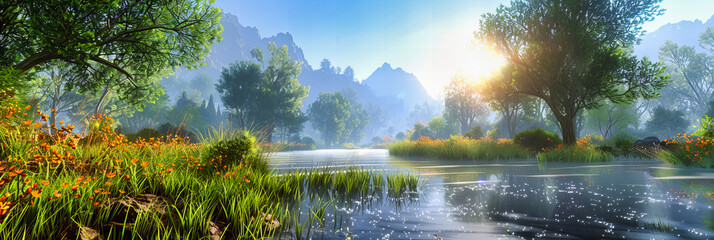 Serene River Scene at Sunrise, Mist Hovering Over Calm Waters Surrounded by Lush Green Forest, Perfect Morning