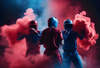 Intense Boxing Match with Red and Blue Smoke Effects: Dramatic Sports Photography