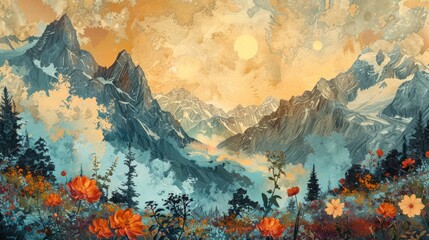 A painting of mountains and a field of flowers. The painting has a serene and peaceful mood, with the mountains and flowers creating a sense of calm and tranquility