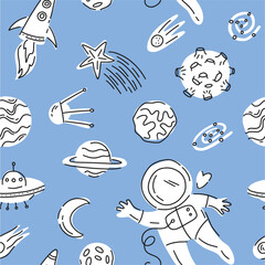 Vector pattern of space objects, symbols and an astronaut, hand-drawn in the style of doodles