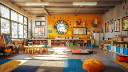 A brightly colored room with a lot of books and toys. The room is filled with children's books and...