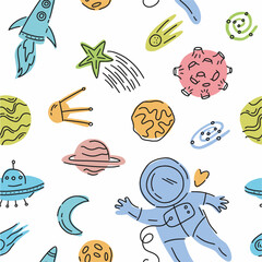 Vector pattern of space objects, symbols and an astronaut, hand-drawn in the style of doodles