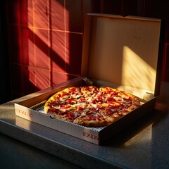 Pizza in a box on a table in a restaurant. Toned.