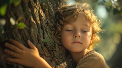 Fototapeta premium The sincere smile of a child hugging the trunk of a towering tree in a lush forest.