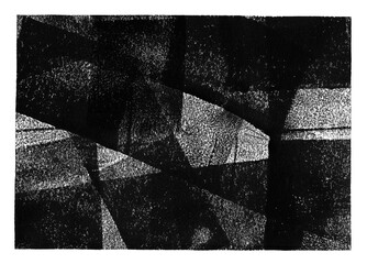Linocut, relief printing, letterpress rectangle A4 shape rough texture. Black and white artistic linocutting textured background, text frame. Paint roller geometric stains, lino ink grainy surface. - obrazy, fototapety, plakaty