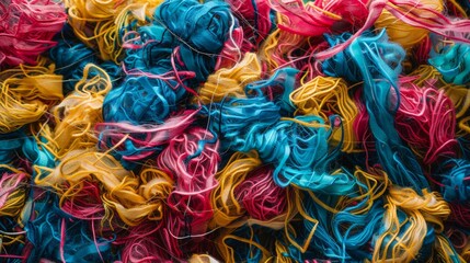 A pile of colorful yarn with a variety of colors including blue, yellow, and red. The colors are mixed together in a way that creates a vibrant and lively atmosphere