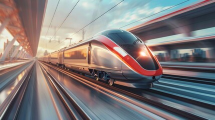 Fototapeta premium A sleek high-speed train racing along elevated tracks, illustrating the futuristic efficiency of modern rail transportation.