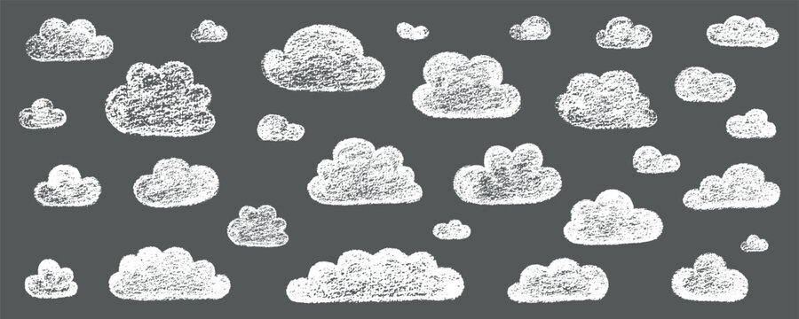 Chalk grunge cloud set. Hand drawn vector stock kid crayon illustration isolated on black background for design template art children education material, weather forecast, business presentation. 