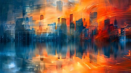90s cityscape painting with skyscrapers and colorful frequencies symbolizing prosperity. Concept 90s Art, Cityscape, Skyscrapers, Colorful Frequencies, Prosperity
