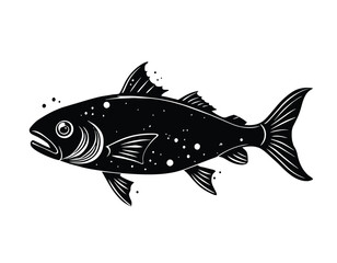 Black and white Fish silhouette in sketch style, vector illustration