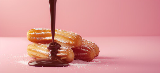 Traditional sweet delicious sugar churros served with flowing pouring brown chocolate, pastel pink food background.