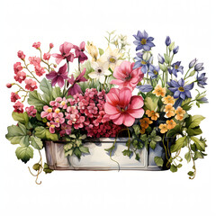 A classic clip art of a beautiful flower Troughs or trough planter , freshy colorful, overflowing with assorted blooms and greenery, beautiful wedding style, single objects, white background.