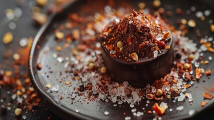 A sprinkle of flaky sea salt, turbinado sugar, and dried chili flakes on top of a chocolate dessert, creating a tantalizing sweet and spicy contrast. - Powered by Adobe