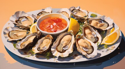 A plate of fresh oysters served with a tantalizing dipping sauce, ready to be savored