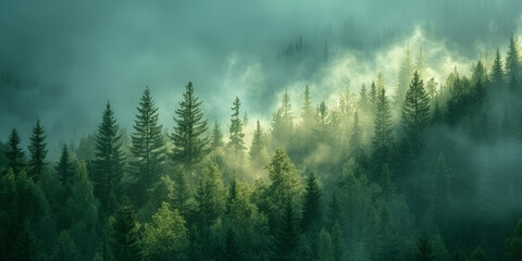 mist in the forest, green misty forest trees with fog, nature background, misty morning in the forest, 