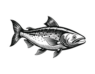 Fototapeta premium Salmon fish vintage engraved style drawing on white background, vector illustration