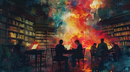 A group of people are sitting at tables in a library, with some of them reading books. The atmosphere is calm and quiet, with the only sound being the turning of pages