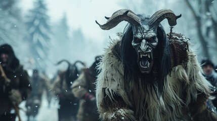 Fototapeta premium A group of people are running through the snow with a large, scary creature following them. The creature has horns and is covered in fur, giving it a menacing appearance