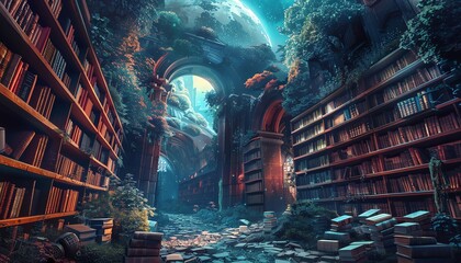 digital rendering of a mystical library surrounded by ancient tomes, each representing a different endangered language, using intricate vector art techniques