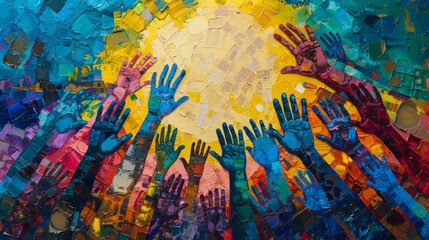 A painting of many hands reaching up to the sky. The painting is colorful and has a sense of unity and togetherness