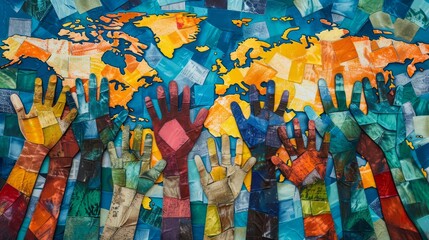 A colorful mosaic of hands reaching up to the sky. The hands are of different colors and sizes, and they are all reaching up towards the same point. Concept of unity and togetherness