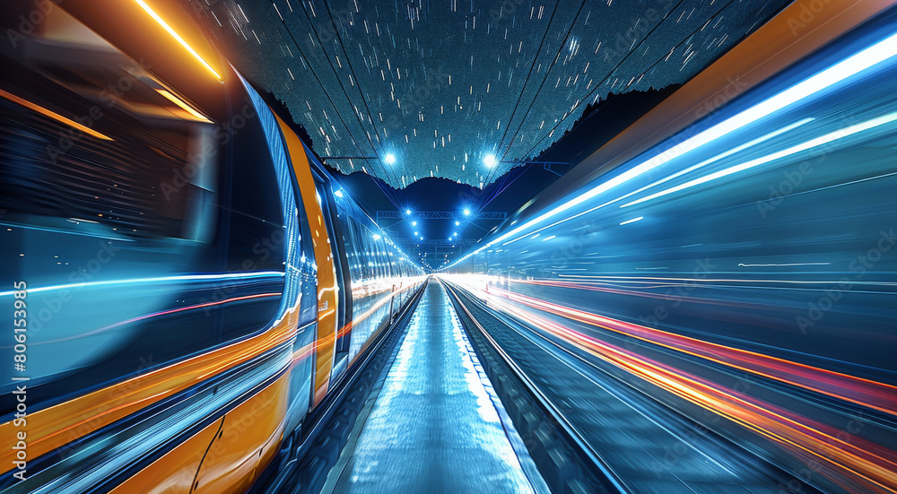 Poster Travelling at the speed of light and beyond, Highways of Light. Generative AI.