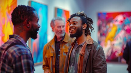 Fototapeta premium A man with dreadlocks is smiling at two other men in a room with paintings on the walls