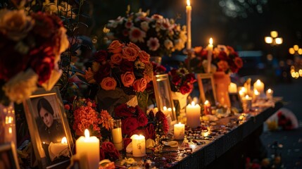 A table with candles and flowers with pictures of people on it