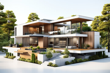 3D illustration of modern minimal house on white background, White modern house concept