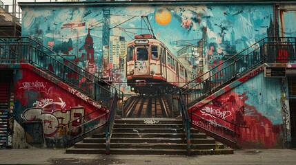 A mural of a train on a wall with graffiti on it. The train is red and white and is surrounded by stairs. The mural is colorful and has a graffiti-like feel to it