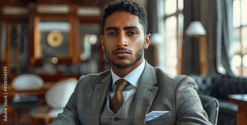 Poster a handsome young mixed-race man exuding confidence and sophistication in a luxurious office setting.