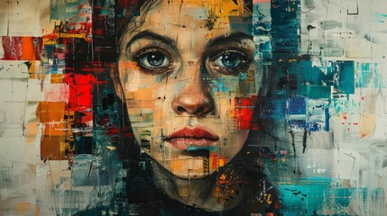A woman's face is painted in a collage style with a blue eye. The painting is colorful and abstract, with a mood of creativity and expression