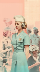 Stylized modernist collage featuring a partially cropped photo of a nurse in a retro 1950s hospital gown, against a backdrop of abstract decorations and vintage nurse imagery