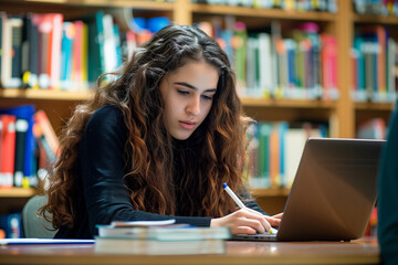 young female university or college student studying seriously in a library reading room, using laptop and learning online, writes Notes for the Paper, Essay, Exams, Study for Class