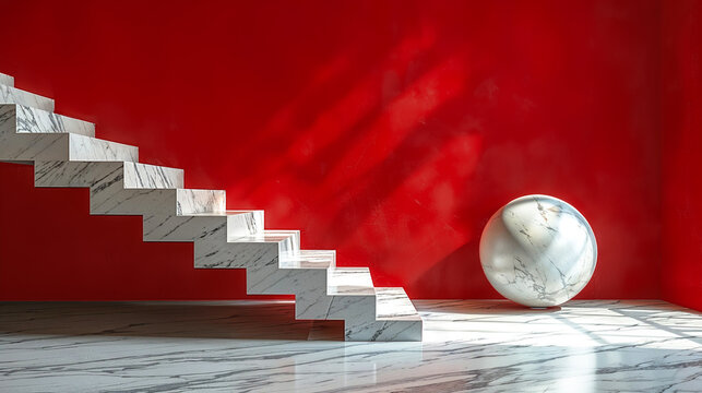 Red and white marble product display for furniture and accessories.