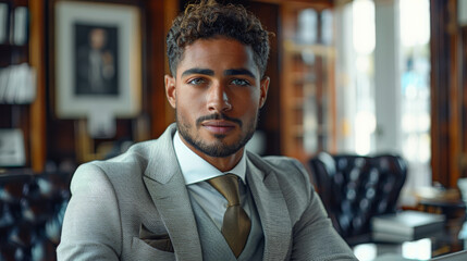 Obraz premium A handsome young mixed-race man exuding confidence and sophistication in a luxurious office setting. Generative AI.