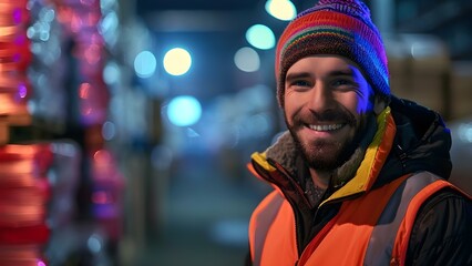 Happy man in warehouse wearing safety vest and beanie smiles brightly. Concept Warehouse, Safety Vest, Beanie, Smiling, Happy